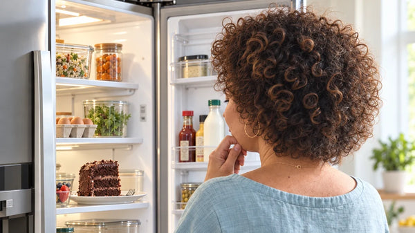 Woman looking into an open fridge