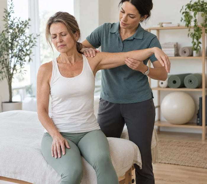 Woman doing a shoulder exercise with a physical therapist