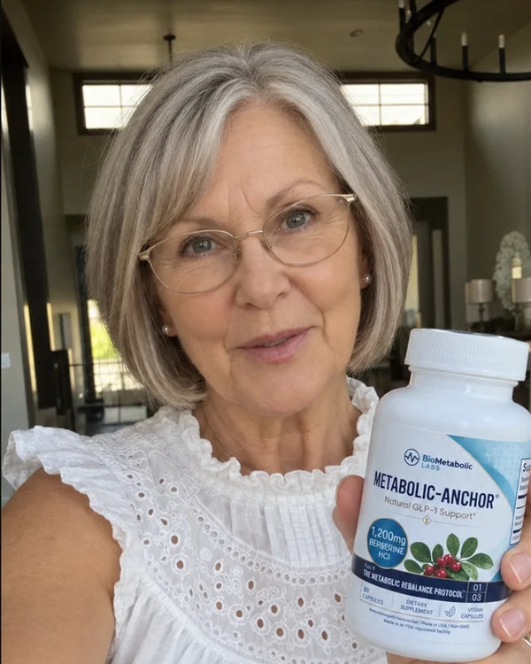 Mary Anne W. holding a bottle of Metabolic-Anchor