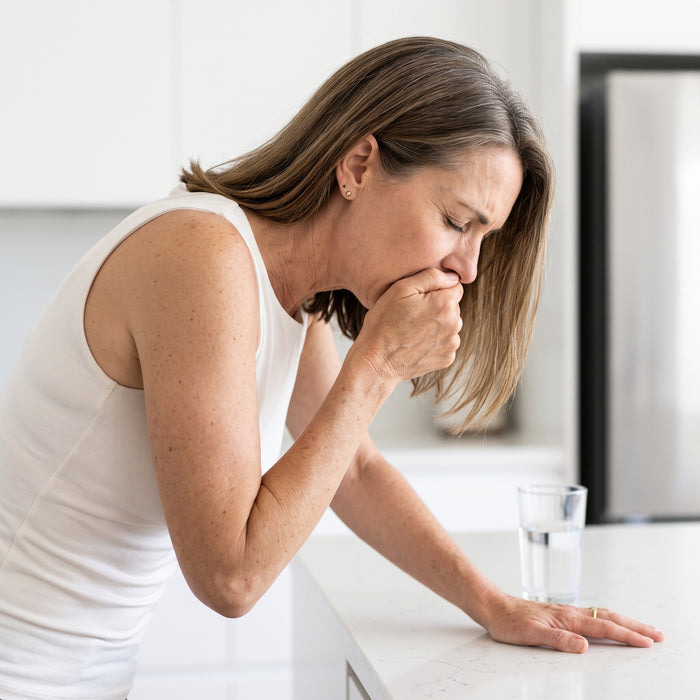 Woman feeling nauseous, leaning on a kitchen counter
